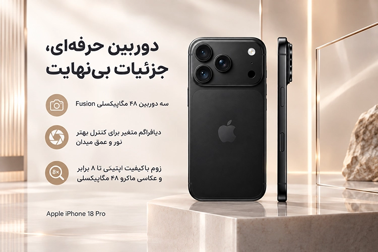 مشخصات موبایل اپل iPhone 18 Pro ZA/A ظرفیت 512 گیگابایت گارانتی سلامت و اصالت کالا ثقغ