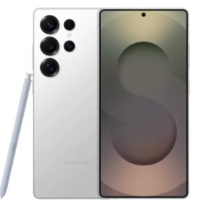 گوشی گلگسی اس 25 اولترا 5G سفید نقره ای پشت و جلو و اس پن