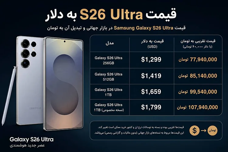 قیمت Ultra S26 به دلار | قیمت Samsung Galaxy S26 Ultra و جدول تبدیل به تومان