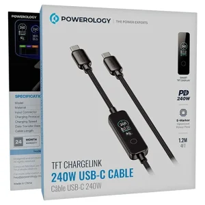 کابل 1.2 متر USB C به USB C پاورولوژی Powerology TFT Chargelink 240W USB-C Cable PCABCM0121BK